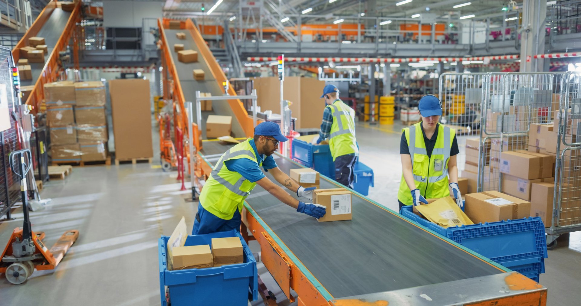 Team of workers organizing parcels in a busy warehouse, logistics operations