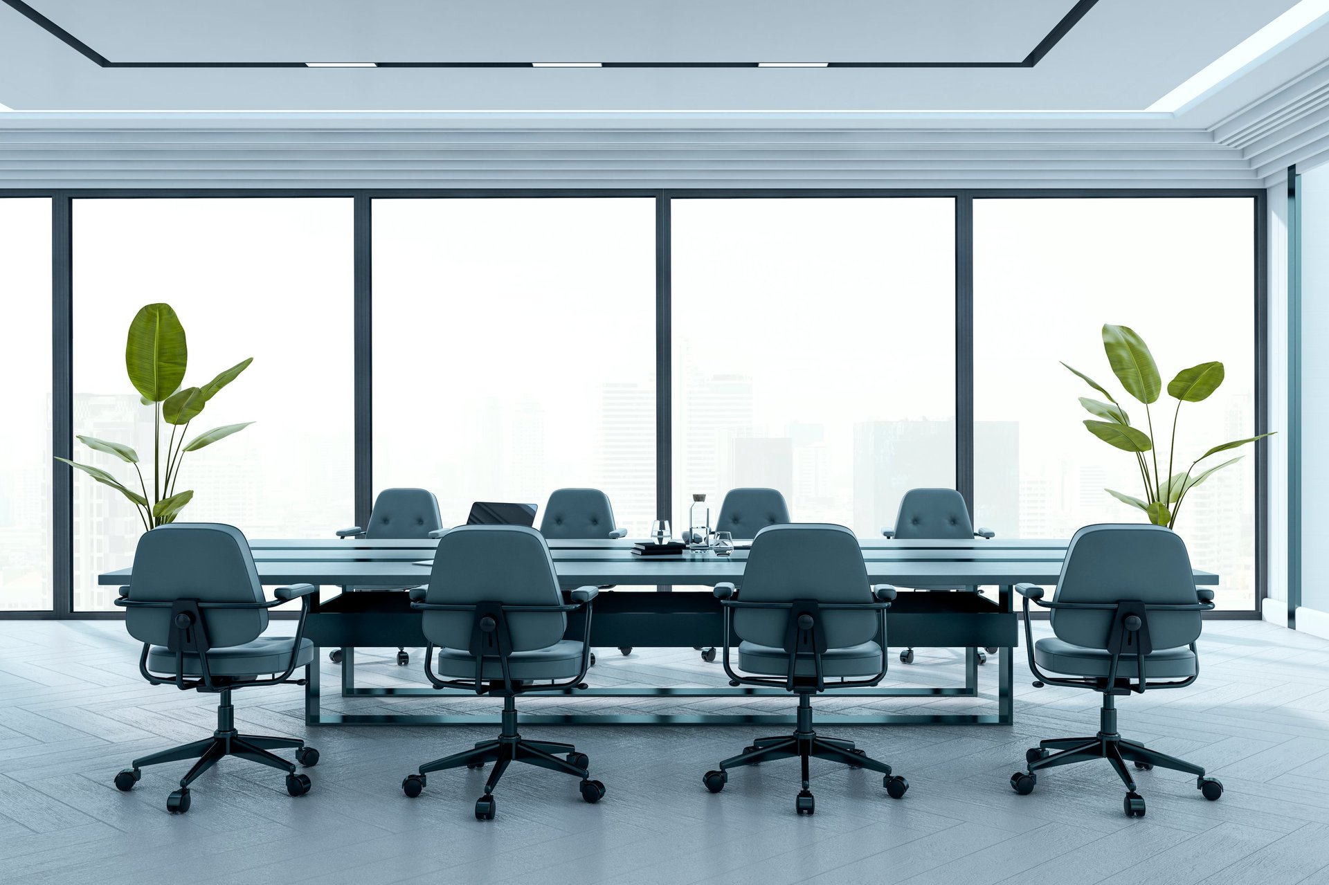 Sleek modern boardroom with luxury design, minimalist executive furniture, city view background