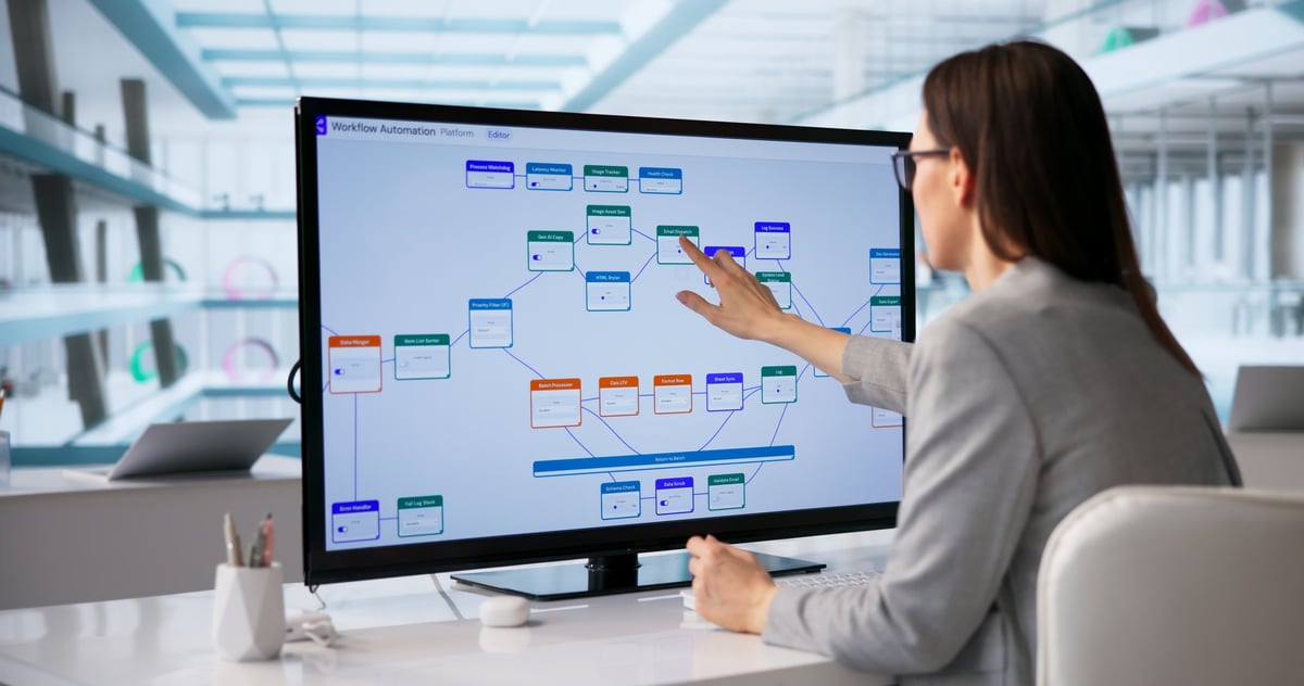 Business professional utilizing workflow automation tools and digital process management